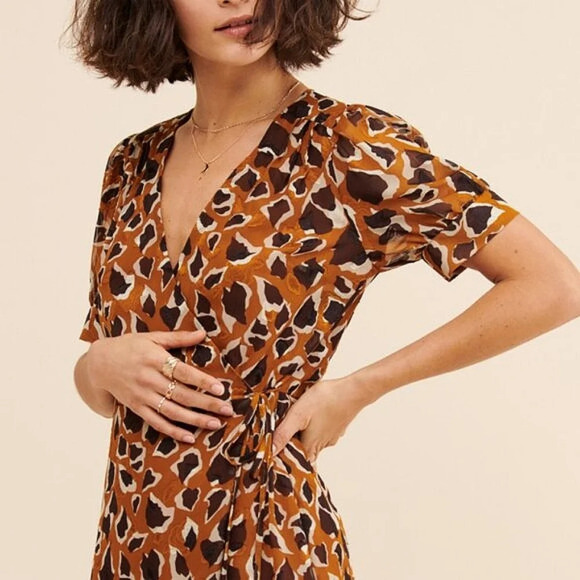 Anthropologie J.O.A. Dotted + Spotted Wrap Mini Dress Brown Multi Size L - Picture 4 of 15